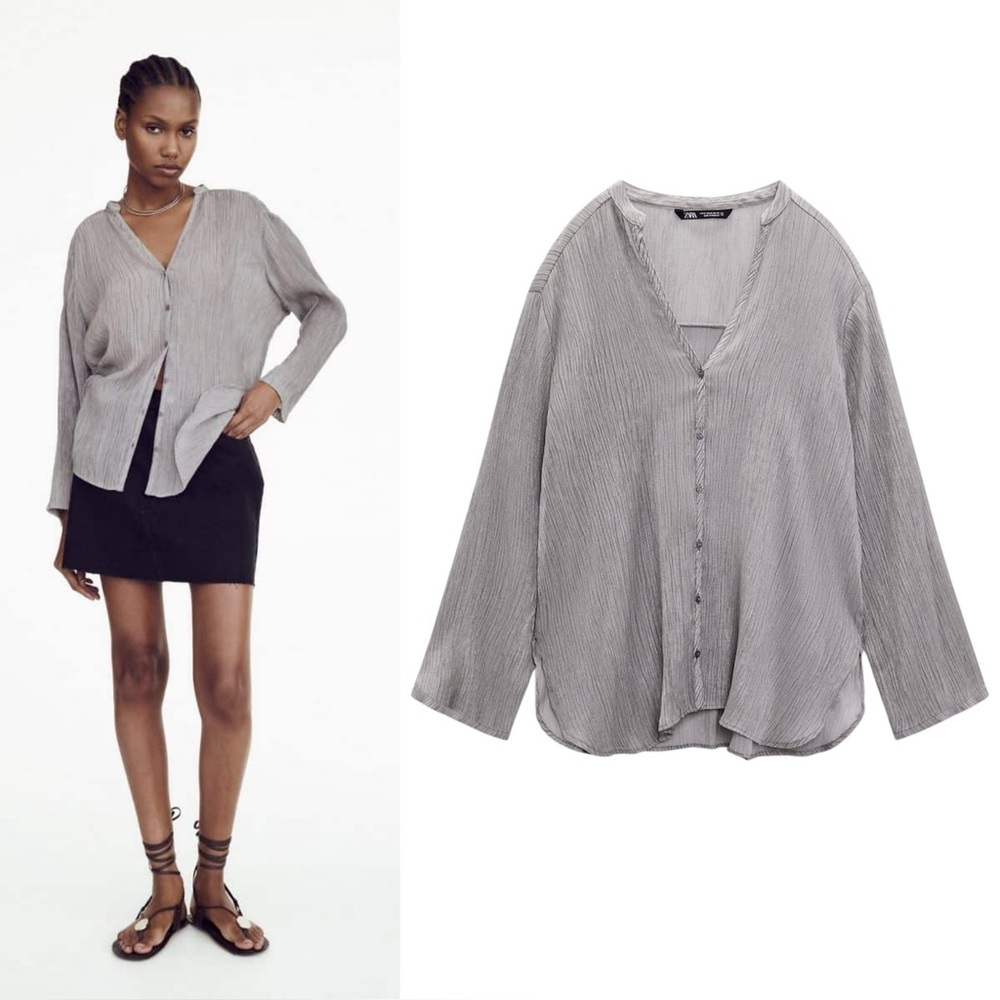 NWT Zara Wrinkle Effect Longline Top Gray | V-Neck | Size M